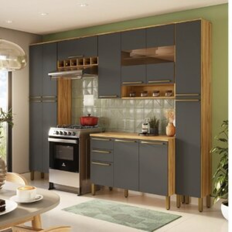 Cozinha Modulada Completa 5 Peças 13 Portas 2 Gavetas Com Tampo E Vidro Reflecta 100% Mdf Itália Esp Amêndoa/chumbo